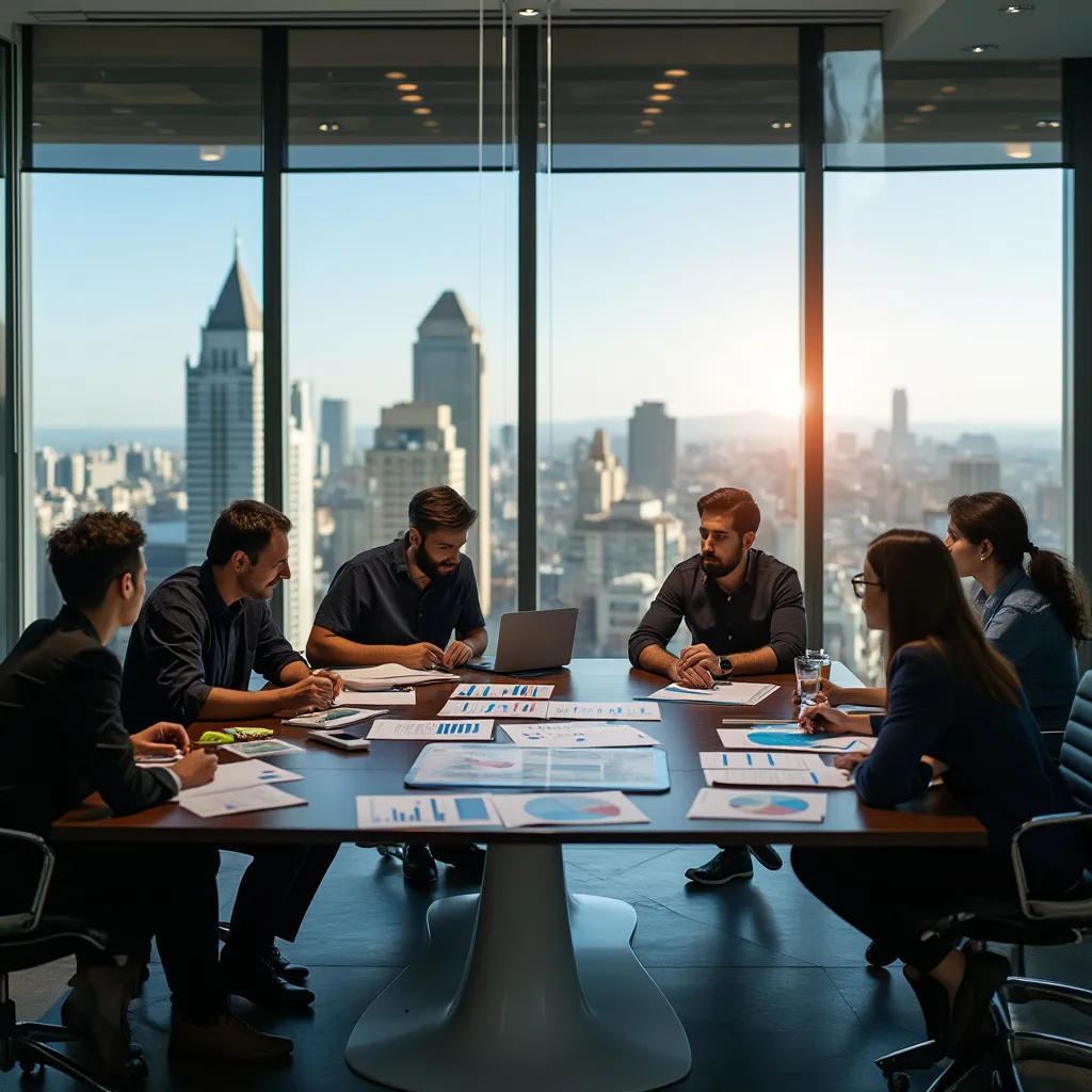 Reunión de equipo de FinArg Consult discutiendo estrategias financieras para Argentina